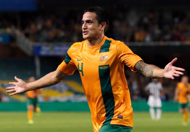 Australia's Cahill celebrates scoring a goal during the international friendly soccer match against Costa Rica in Sydney